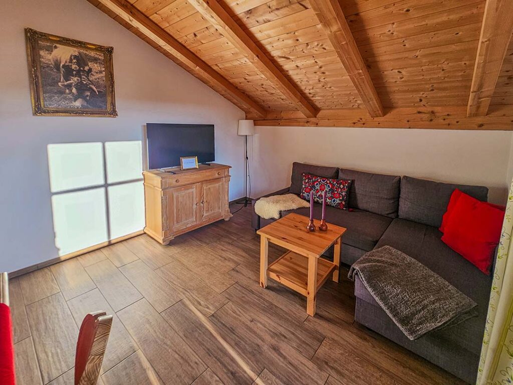 Fernseher und Schlafcouch in der Stube